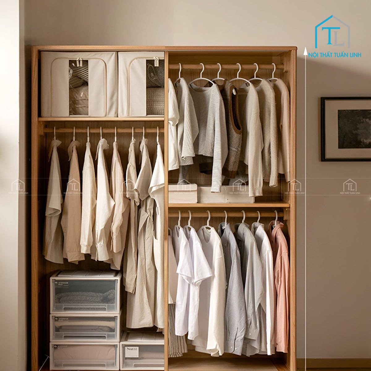 Tủ quần áo gỗ sồi tự nhiên cửa lùa thiết kế hiện đại, tiết kiệm không gian