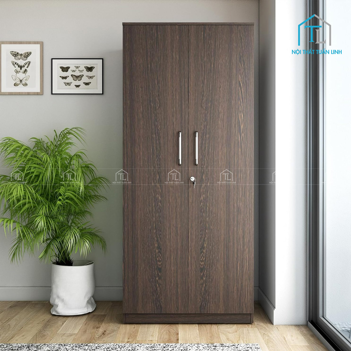 Tủ quần áo MDF 2 cánh vân gỗ, thiết kế gọn gàng