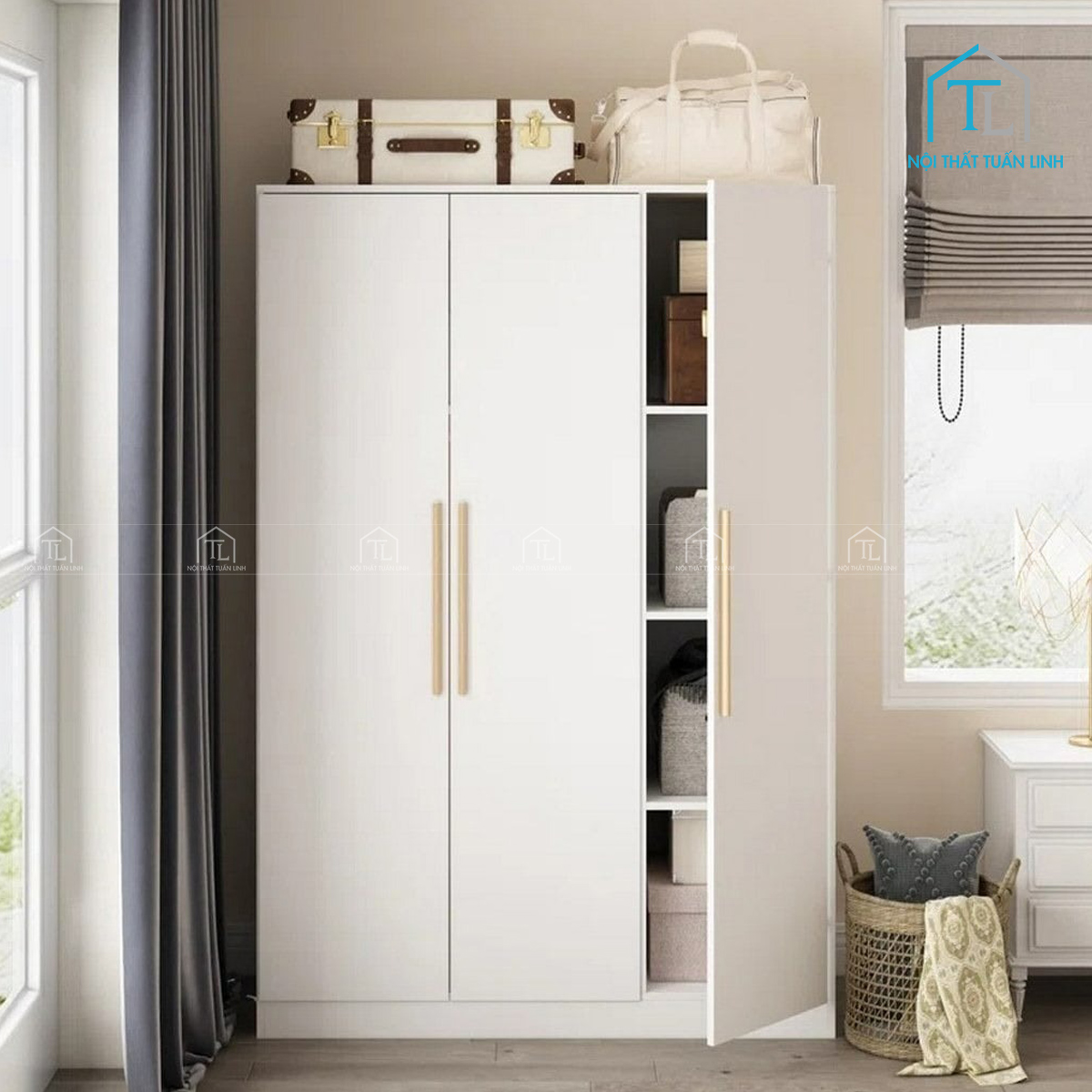 Tủ quần áo MDF 3 cánh màu trắng sơn, có kệ & thanh treo