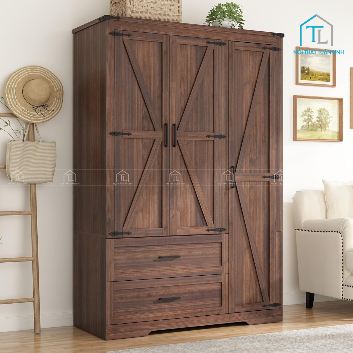 Tủ quần áo MDF 3 cánh phong cách mộc mạc, có ngăn kéo & thanh treo