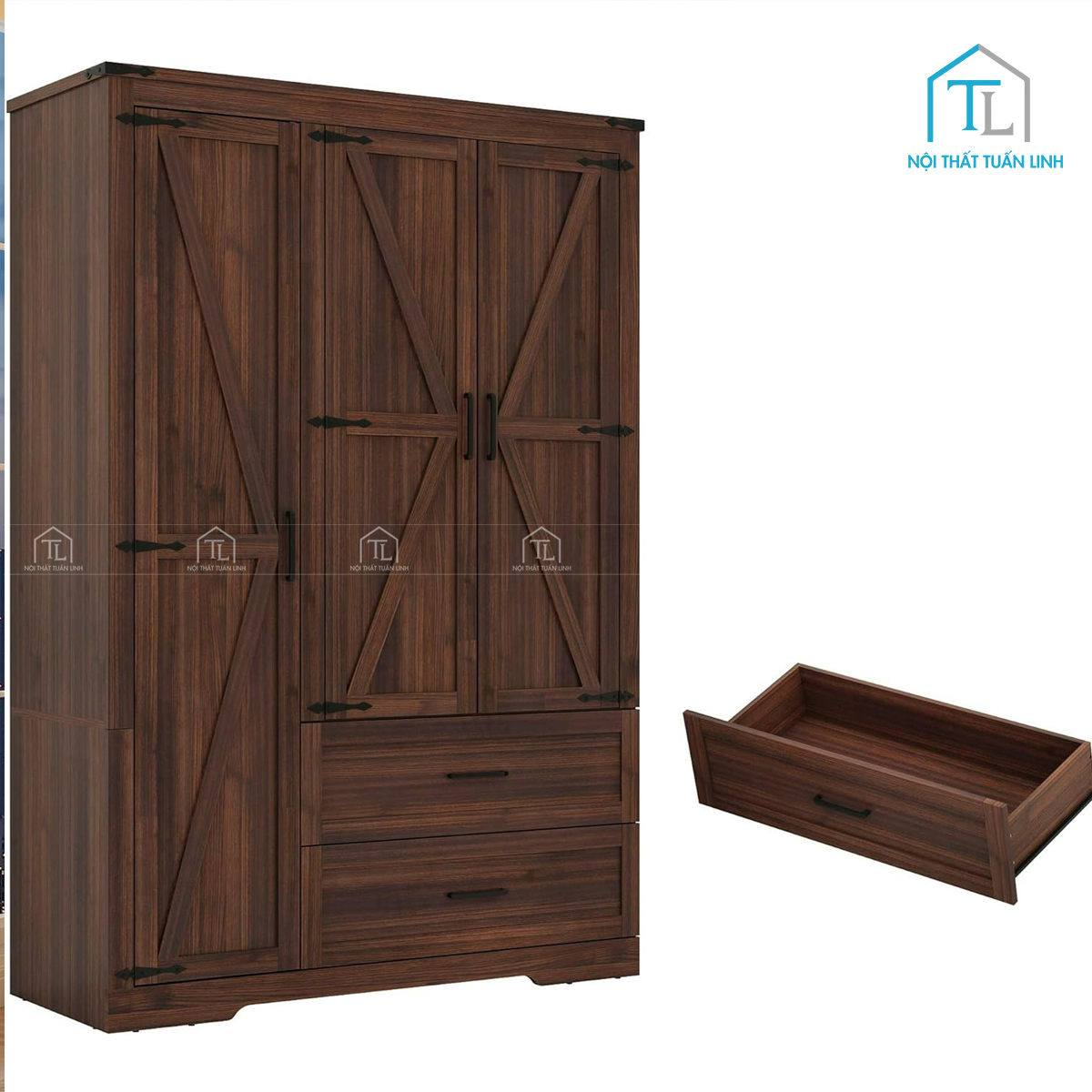 Tủ quần áo MDF 3 cánh phong cách mộc mạc, có ngăn kéo & thanh treo