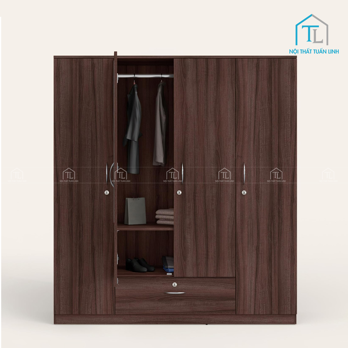 Tủ quần áo MDF 4 cánh có gương, nhiều ngăn kệ, màu nâu hiện đại