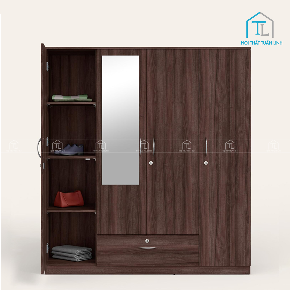 Tủ quần áo MDF 4 cánh có gương, nhiều ngăn kệ, màu nâu hiện đại