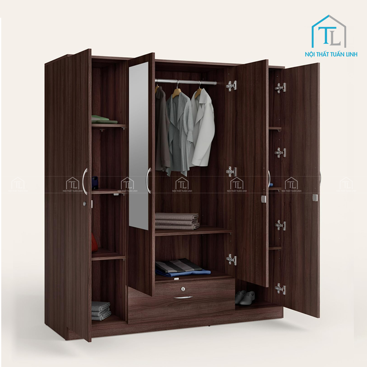 Tủ quần áo MDF 4 cánh có gương, nhiều ngăn kệ, màu nâu hiện đại