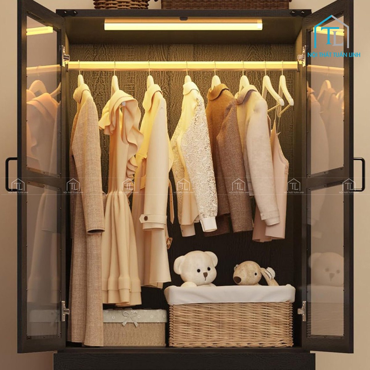 Tủ quần áo MDF cánh kính 2 cánh kèm ngăn kéo và đèn led