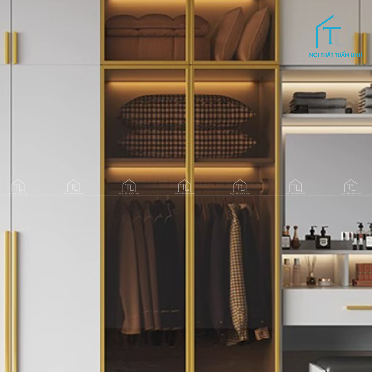 Tủ quần áo MDF kết hợp bàn trang điểm cánh kính, bản rộng