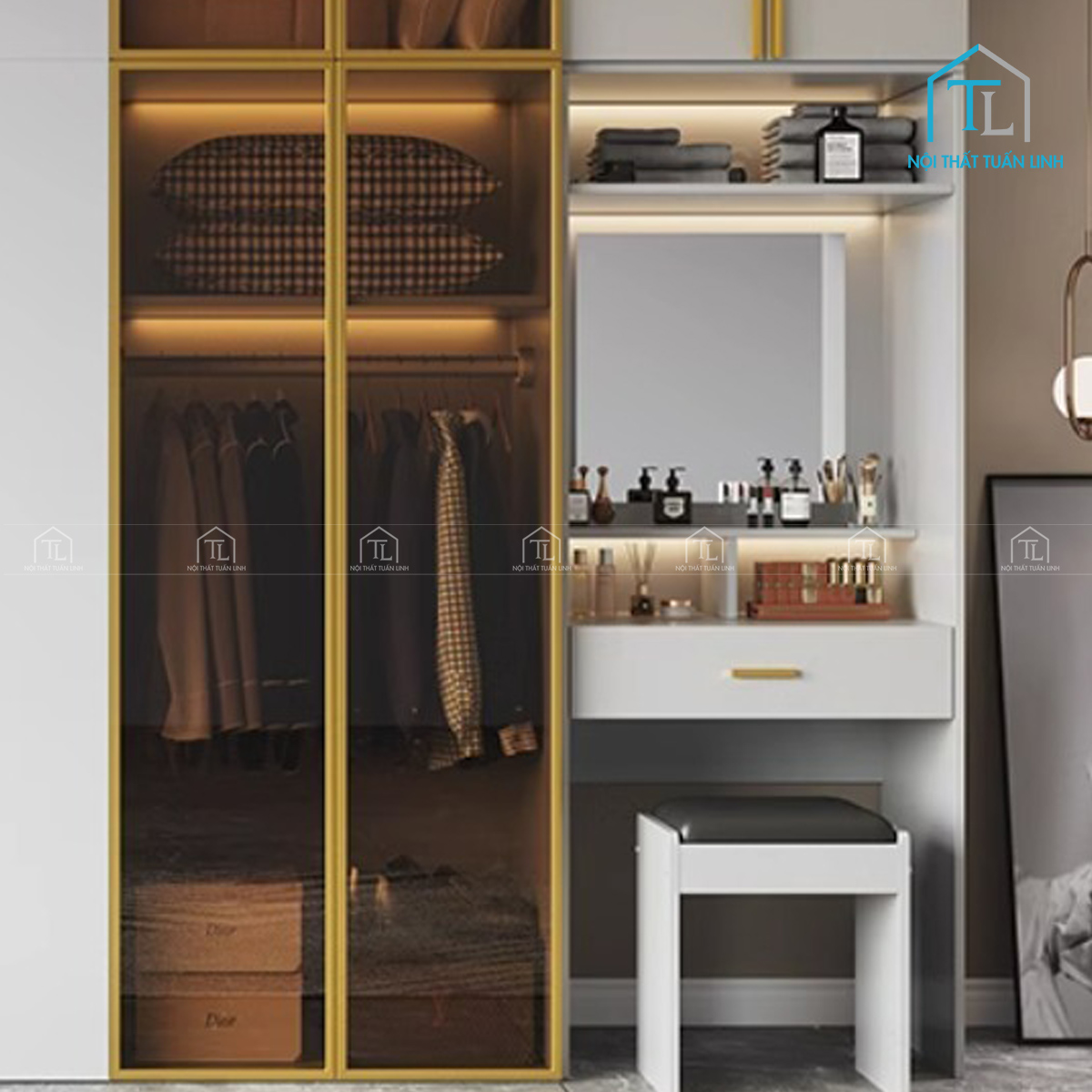 Tủ quần áo MDF kết hợp bàn trang điểm cánh kính, bản rộng