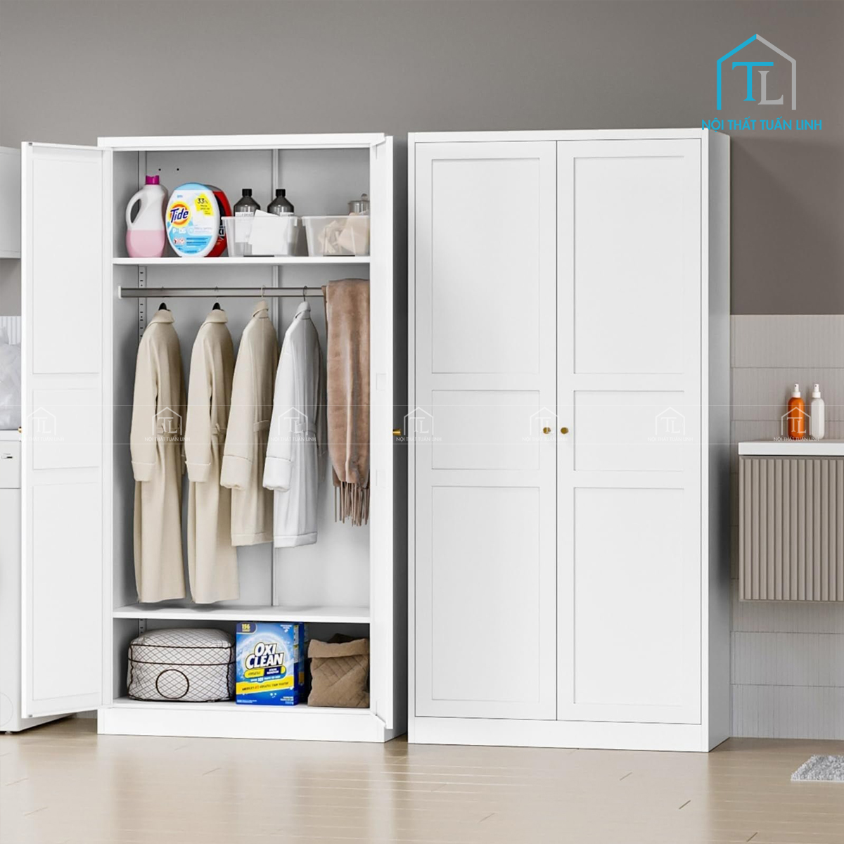 Tủ quần áo MDF sơn trắng 2 cánh – tích hợp thanh treo & kệ đa năng
