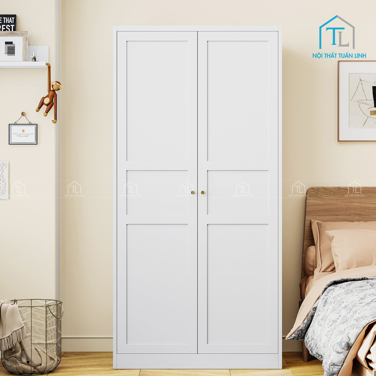 Tủ quần áo MDF sơn trắng 2 cánh – tích hợp thanh treo & kệ đa năng