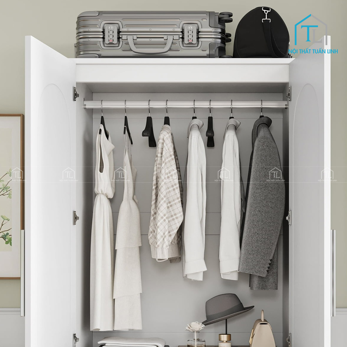 Tủ quần áo MDF trắng hiện đại 2 cánh có ngăn kéo