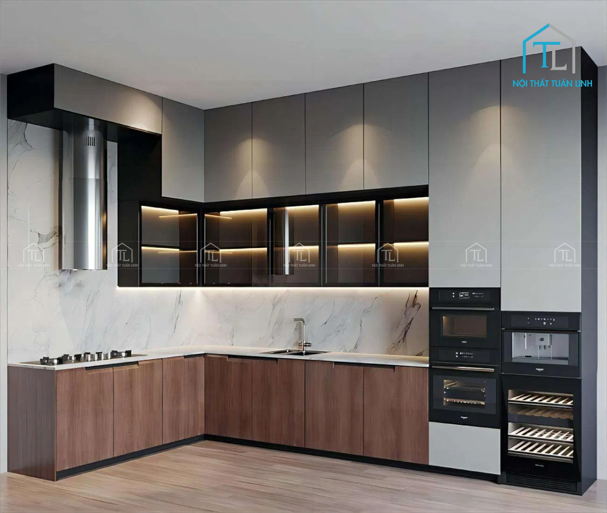 Tủ bếp gỗ công nghiệp phủ acrylic màu xám