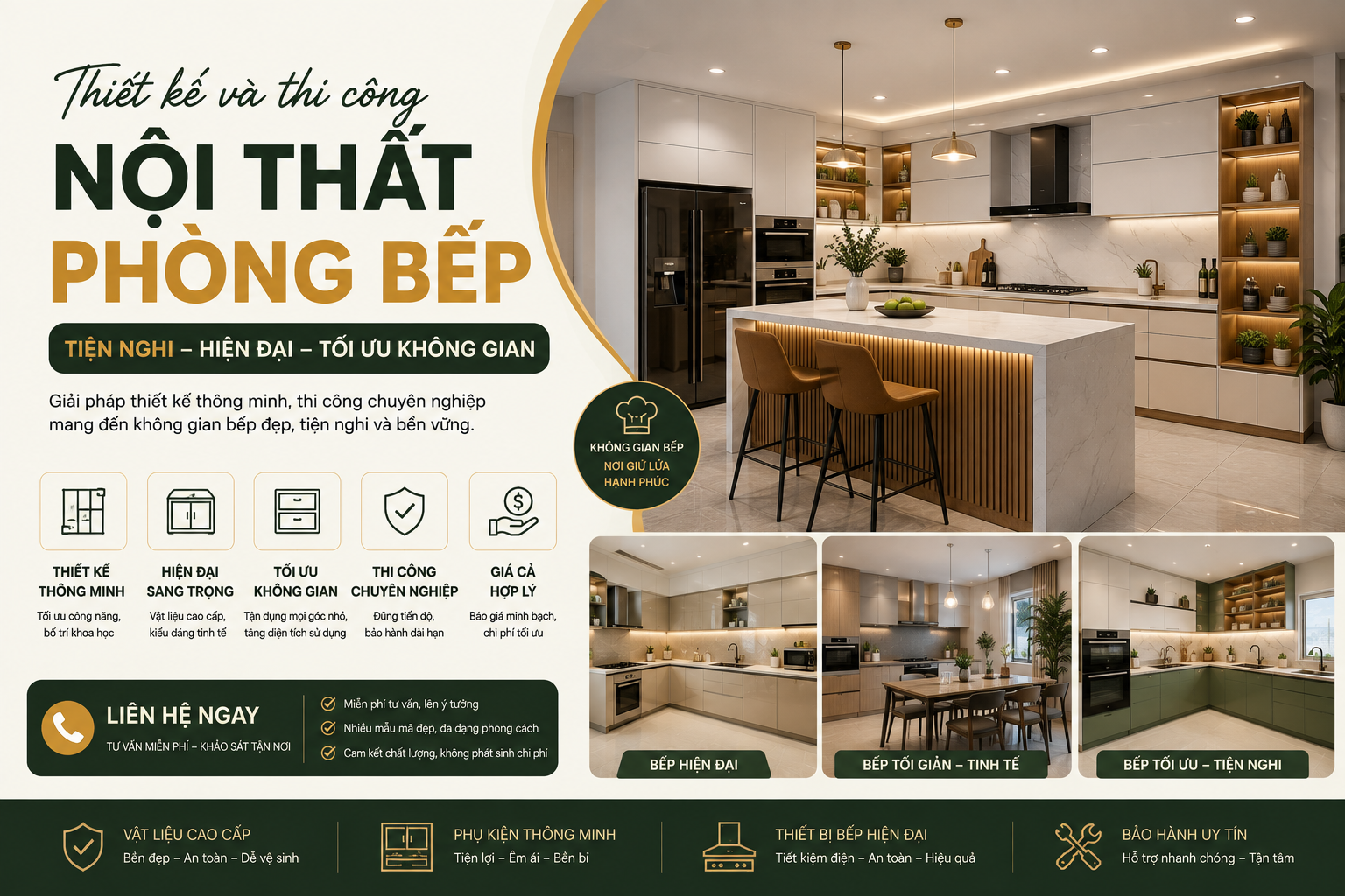 Thiết kế và thi công nội thất phòng bếp tiện nghi, hiện đại, tối ưu không gian