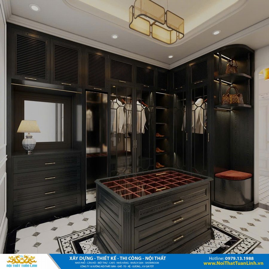Thiết kế nội thất phòng thay đồ khách sạn tân cổ điển sang trọng, hệ tủ gỗ tự nhiên sơn đen, đảo tủ phụ kiện, sàn gạch cổ điển, ánh sáng âm tủ hiện đại 