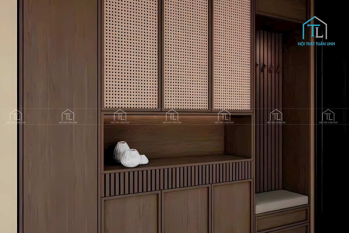 Thiết kế tủ âm tường gỗ tự nhiên kết hợp nan trang trí